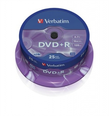 DVD+R lemez, AZO, 4,7GB, 16x, 25 db, hengeren, VERBATIM