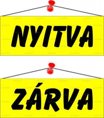Információs tábla, 22x8,5 cm, kétoldalas, "Nyitva/Zárva", sárga
